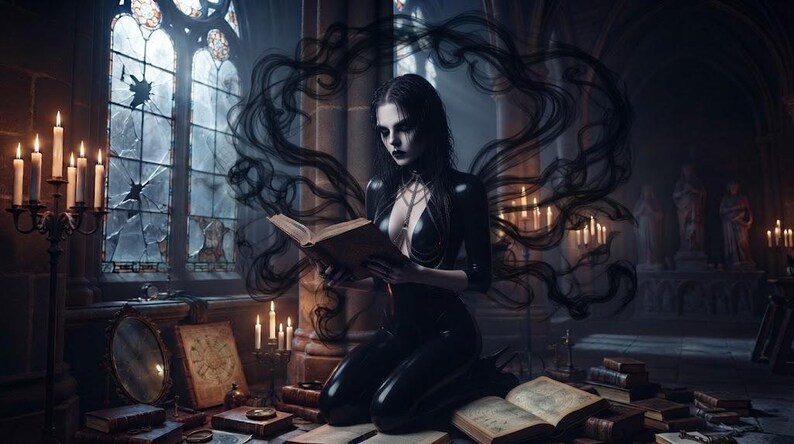 May include: A figure in a black latex bodysuit kneels whilst reading an open book, surrounded by swirling black smoke. The scene includes a tall candelabra with lit candles, a circular mirror, and multiple antique books in a stone room.