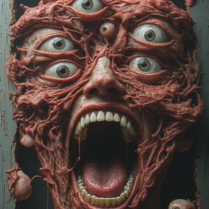 Puede incluir: Una obra de arte surrealista y grotesca que representa un rostro humano distorsionado con m&uacute;ltiples ojos y una boca abierta. El rostro est&aacute; representado en tonos rojos y marrones, con una apariencia carnosa y texturizada. Los ojos son detallados y la boca est&aacute; muy abierta.