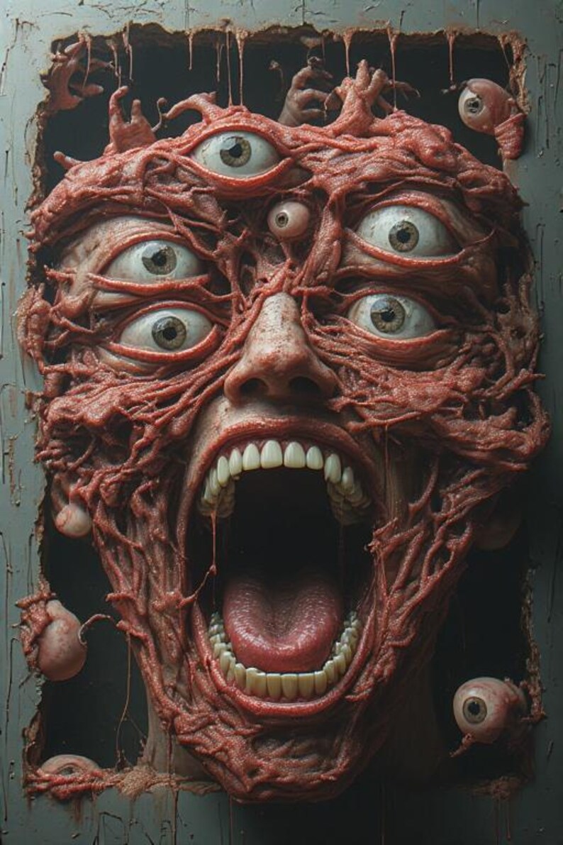Puede incluir: Una obra de arte surrealista y grotesca que representa un rostro humano distorsionado con m&uacute;ltiples ojos y una boca abierta. El rostro est&aacute; representado en tonos rojos y marrones, con una apariencia carnosa y texturizada. Los ojos son detallados y la boca est&aacute; muy abierta.