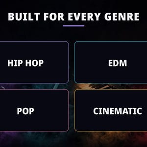 May include: A dark graphic display featuring the white text BUILT FOR EVERY GENRE at the top. Below, four rectangular boxes with colored borders contain the white text labels HIP HOP, EDM, POP, and CINEMATIC, organized in a grid layout.