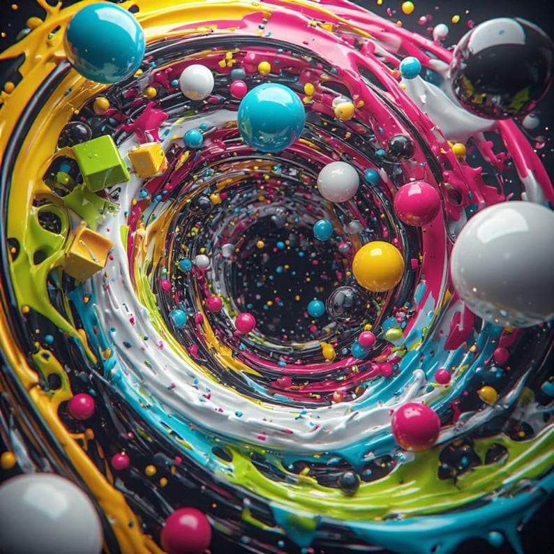 Pu&ograve; includere: Arte digitale astratta con un vortice vorticoso di colori vivaci. La composizione include sfere nei toni del blu, rosa, giallo, bianco e nero, insieme a elementi a forma di cubo, creando un'immagine dinamica e colorata.