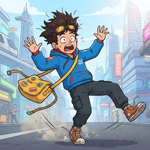 Peut inclure: Une illustration de dessin anim&eacute; repr&eacute;sentant une personne aux cheveux bruns &eacute;bouriff&eacute;s portant des lunettes de protection, un sweat &agrave; capuche bleu avec le texte "VELO GO" et un pantalon sombre, tr&eacute;buchant dans une rue futuriste avec un sac jaune.