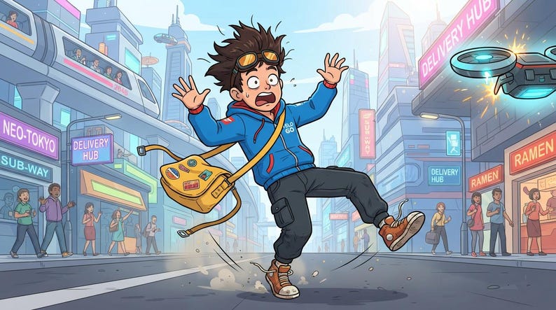 Peut inclure: Une illustration de dessin anim&eacute; repr&eacute;sentant une personne aux cheveux bruns &eacute;bouriff&eacute;s portant des lunettes de protection, un sweat &agrave; capuche bleu avec le texte "VELO GO" et un pantalon sombre, tr&eacute;buchant dans une rue futuriste avec un sac jaune.