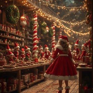 May include: A festive Christmas scene with a person in a red dress and Santa hat, surrounded by holiday decorations. The shop is filled with gifts, elves, and string lights, creating a warm, inviting atmosphere.
