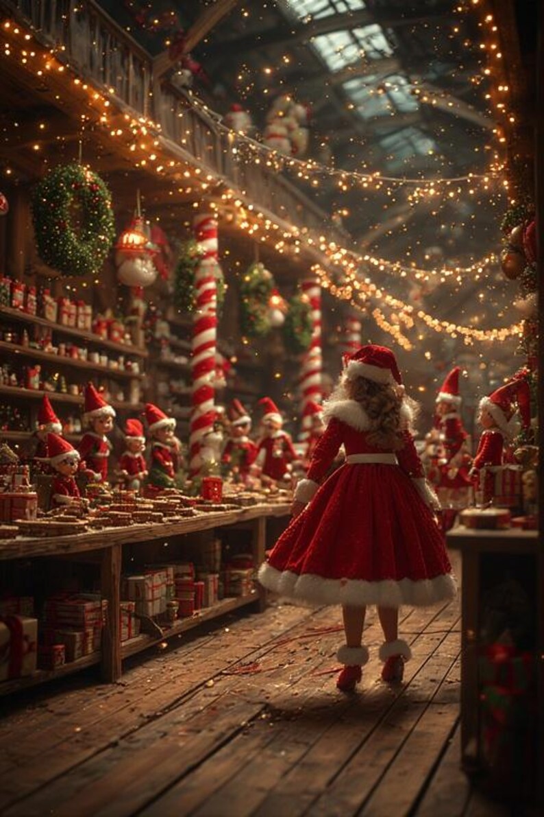 May include: A festive Christmas scene with a person in a red dress and Santa hat, surrounded by holiday decorations. The shop is filled with gifts, elves, and string lights, creating a warm, inviting atmosphere.