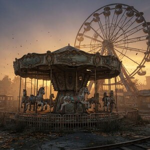 May include: An abandoned amusement park featuring a weathered carousel with horse figures at the centre, surrounded by a metal fence. In the background, a large Ferris wheel stands against a hazy sunset sky, with a popcorn stand visible nearby.