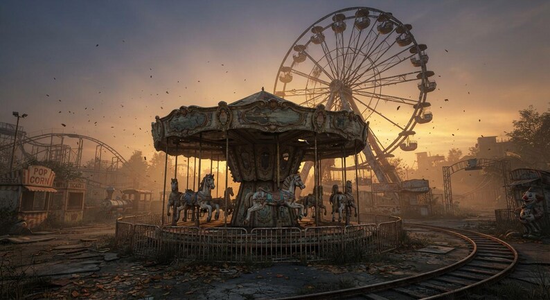 May include: An abandoned amusement park featuring a weathered carousel with horse figures at the centre, surrounded by a metal fence. In the background, a large Ferris wheel stands against a hazy sunset sky, with a popcorn stand visible nearby.