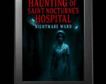 May include: A black Kindle e-reader displaying the cover of "Haunting of Saint Nocturne's Hospital: Nightmare Ward." The cover art features a ghostly nurse in a hospital hallway, with red text against a dark background.