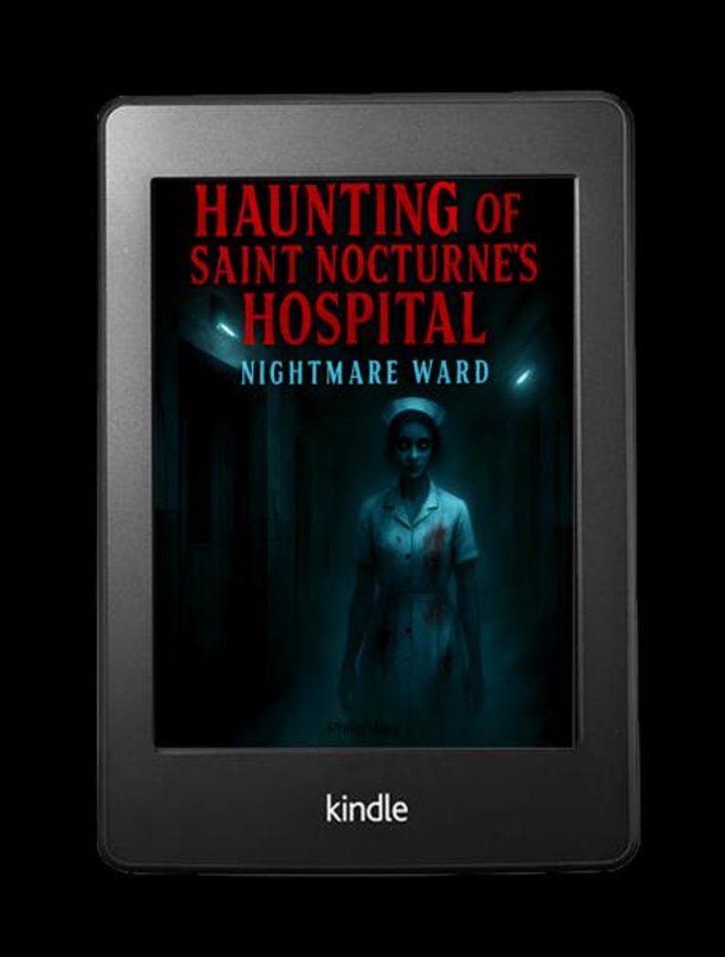 K&ouml;nnte beinhalten: Ein schwarzer Kindle-E-Reader, der das Cover von "Haunting of Saint Nocturne's Hospital: Nightmare Ward" anzeigt. Das Cover zeigt eine geisterhafte Krankenschwester in einem Krankenhausflur, mit rotem Text auf dunklem Hintergrund.
