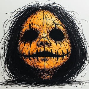May include: A pen and ink illustration of a face with an orange, pumpkin-like appearance. The face has large, black eyes and a stitched mouth. Long, black hair surrounds the face. The artwork is in a distinctive style.