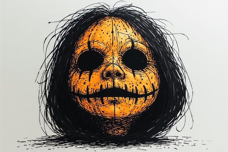 May include: A pen and ink illustration of a face with an orange, pumpkin-like appearance. The face has large, black eyes and a stitched mouth. Long, black hair surrounds the face. The artwork is in a distinctive style.