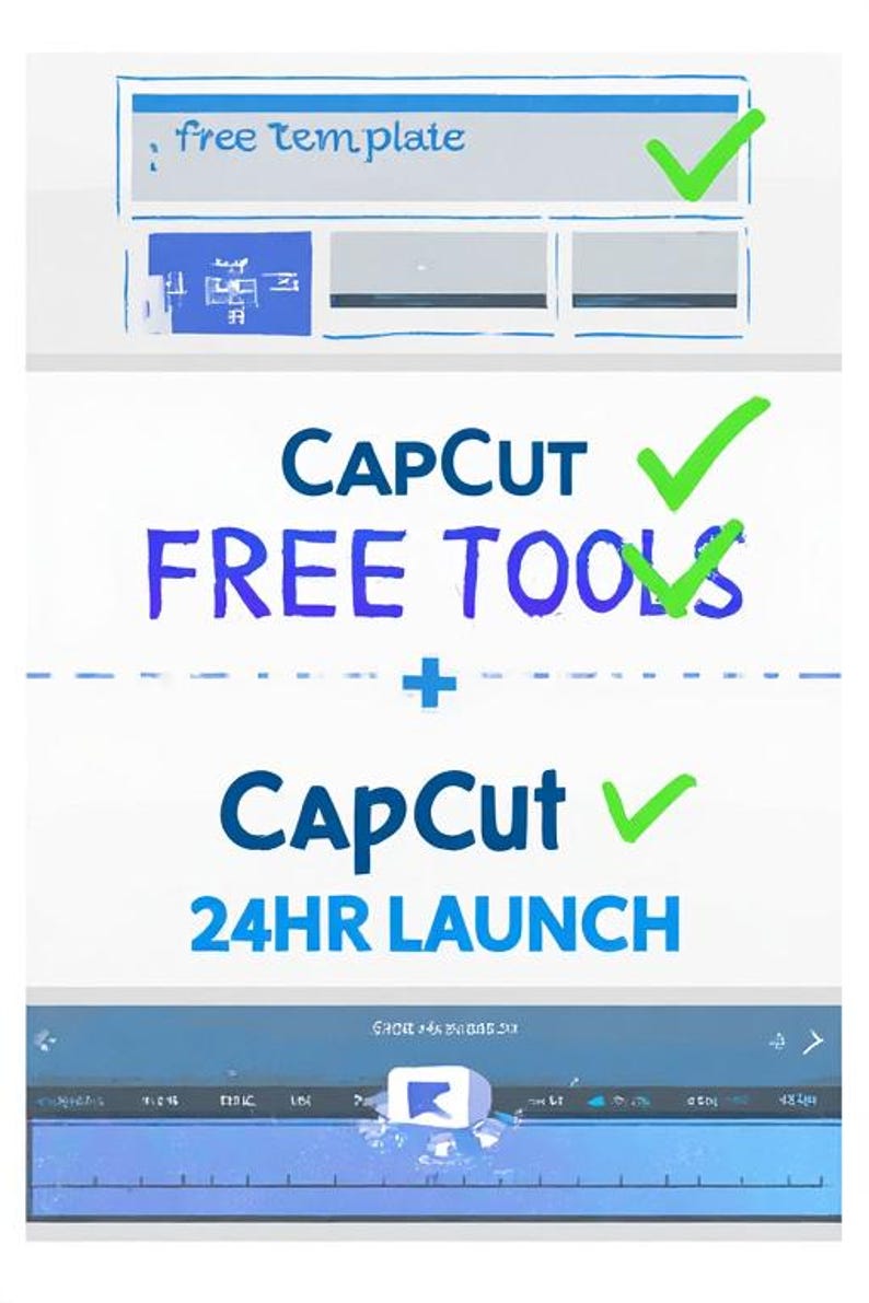May include: A digital graphic with the text "free template" and "CapCut FREE TOOLS + CapCut 24HR LAUNCH". The design features blue and white elements with checkmarks.