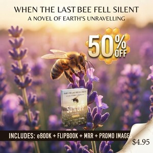 Może przedstawiać: Książka zatytułowana When the Last Bee Fell Silent: A Novel of Earth's Unravelling, przedstawiająca pszczołę na gałązce lawendy. Obraz zawiera grafikę 50% off, tekst o ebooku, flipbooku, MRR i obrazach promocyjnych oraz cenę 4,95 $.