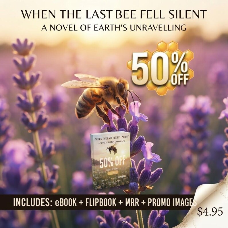 Może przedstawiać: Książka zatytułowana When the Last Bee Fell Silent: A Novel of Earth's Unravelling, przedstawiająca pszczołę na gałązce lawendy. Obraz zawiera grafikę 50% off, tekst o ebooku, flipbooku, MRR i obrazach promocyjnych oraz cenę 4,95 $.