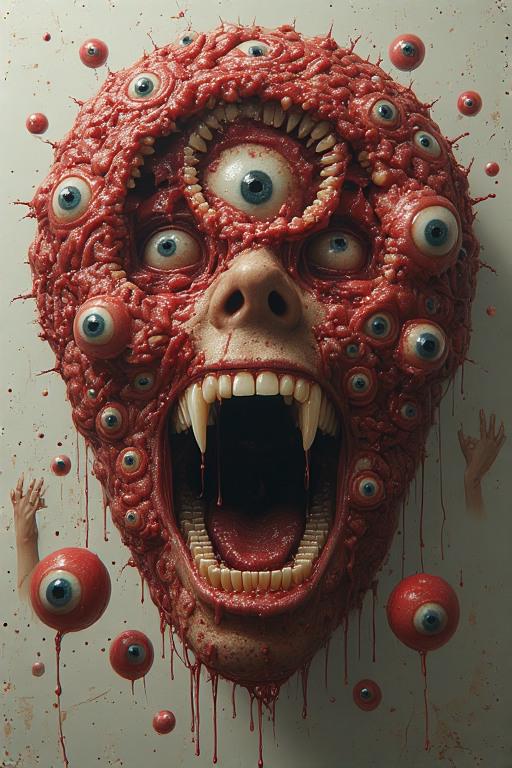 Puede incluir: Una obra de arte grotesca y surrealista que presenta una cara monstruosa con numerosos ojos y una boca abierta llena de dientes afilados. La cara es de color rojo carnoso, con sangre goteando. Los globos oculares flotantes se suman a la inquietante composici&oacute;n.