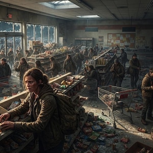 May include: A dimly lit, dilapidated grocery store interior with shattered windows and debris-covered floors. Numerous individuals in worn clothing navigate the aisles, some pushing shopping carts, while others gather near shelves or a closed door.