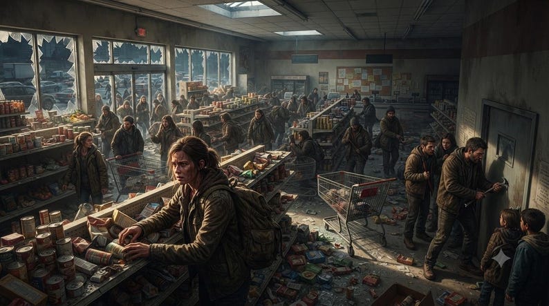 May include: A dimly lit, dilapidated grocery store interior with shattered windows and debris-covered floors. Numerous individuals in worn clothing navigate the aisles, some pushing shopping carts, while others gather near shelves or a closed door.