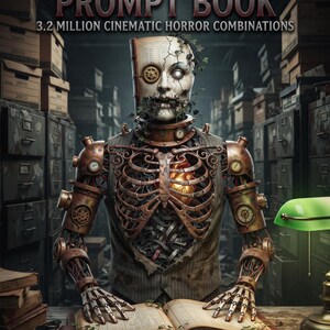 May include: A book titled The Frankenstein Prompt Book 3.2 Million Cinematic Horror Combinations by Philip Way. The cover features a mechanical humanoid figure with a clockwork chest, a glowing heart, and a face made of paper pages.