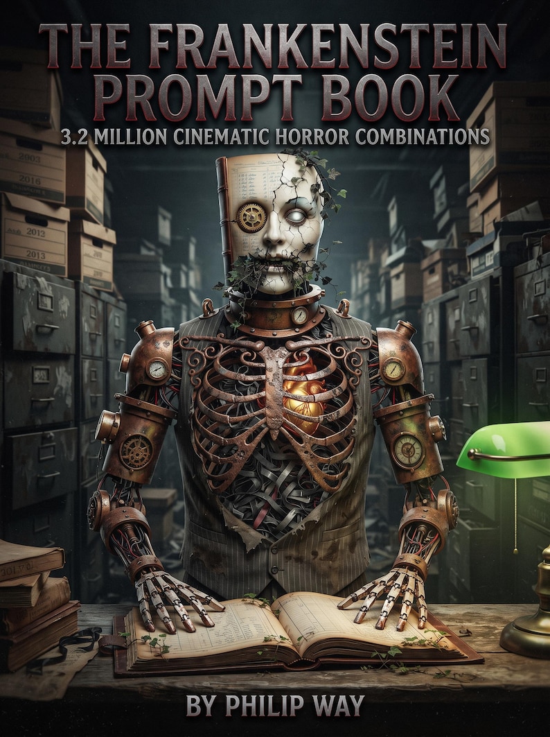 May include: A book titled The Frankenstein Prompt Book 3.2 Million Cinematic Horror Combinations by Philip Way. The cover features a mechanical humanoid figure with a clockwork chest, a glowing heart, and a face made of paper pages.