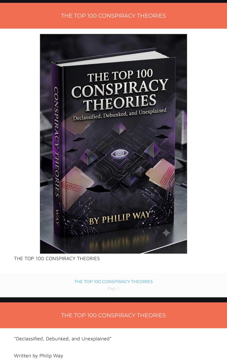以下が含まれることがあります： フィリップ・ウェイ著『The Top 100 Conspiracy Theories: Declassified, Debunked, and Unexplained』というタイトルのハードカバー本。黒い表紙には、中央の目のグラフィック、浮遊するピラミッド、Classifiedとラベル付けされたフォルダーが描かれており、紫色の光のアクセントが施されています。