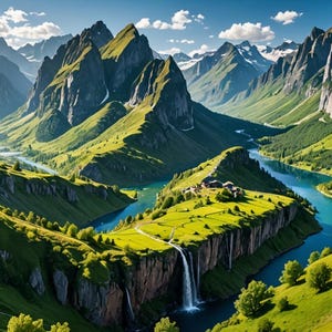 May include: A scenic view of a valley with a winding river and a waterfall cascading down a cliff. The valley is surrounded by lush green mountains and a clear blue sky.