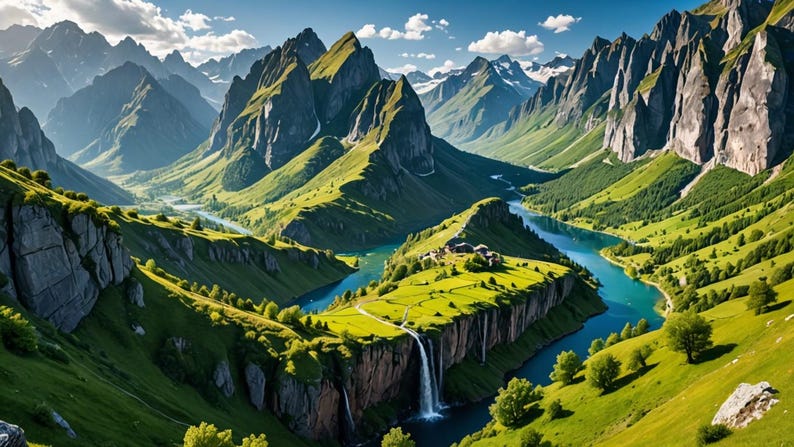 May include: A scenic view of a valley with a winding river and a waterfall cascading down a cliff. The valley is surrounded by lush green mountains and a clear blue sky.