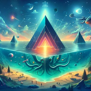May include: An artistic digital painting depicts a surreal landscape with a large pyramid structure over water. The scene is divided, with an underwater view showing an octopus and marine life. The sky features planets and geometric shapes.
