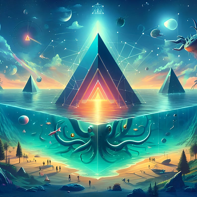 May include: An artistic digital painting depicts a surreal landscape with a large pyramid structure over water. The scene is divided, with an underwater view showing an octopus and marine life. The sky features planets and geometric shapes.