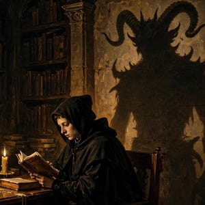 K&ouml;nnte beinhalten: Eine Person in einer dunklen Kapuzenrobe sitzt an einem Holztisch und liest bei Kerzenschein in einem Buch in einer Bibliothek. Eine gro&szlig;e, dunkle, geh&ouml;rnte Schattenfigur wirft sich an die Steinwand dahinter, umgeben von B&uuml;cherregalen.