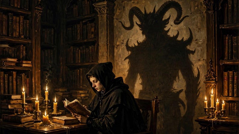 K&ouml;nnte beinhalten: Eine Person in einer dunklen Kapuzenrobe sitzt an einem Holztisch und liest bei Kerzenschein in einem Buch in einer Bibliothek. Eine gro&szlig;e, dunkle, geh&ouml;rnte Schattenfigur wirft sich an die Steinwand dahinter, umgeben von B&uuml;cherregalen.