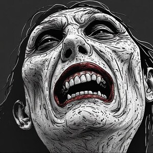 May include: A digital illustration of a screaming face with a pale complexion and red lips. The artwork features detailed shading and highlights, with the face contorted in a grimace against a dark grey background. The image evokes a sense of horror.