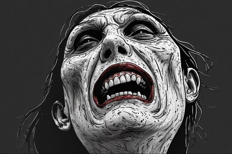 May include: A digital illustration of a screaming face with a pale complexion and red lips. The artwork features detailed shading and highlights, with the face contorted in a grimace against a dark grey background. The image evokes a sense of horror.