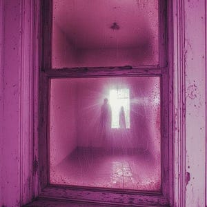 May include: A weathered, pink-toned window frame with peeling paint surrounds a dusty window. Through the window, two silhouetted figures stand in a brightly lit doorway. The interior space is dimly lit, with a sense of mystery and age.