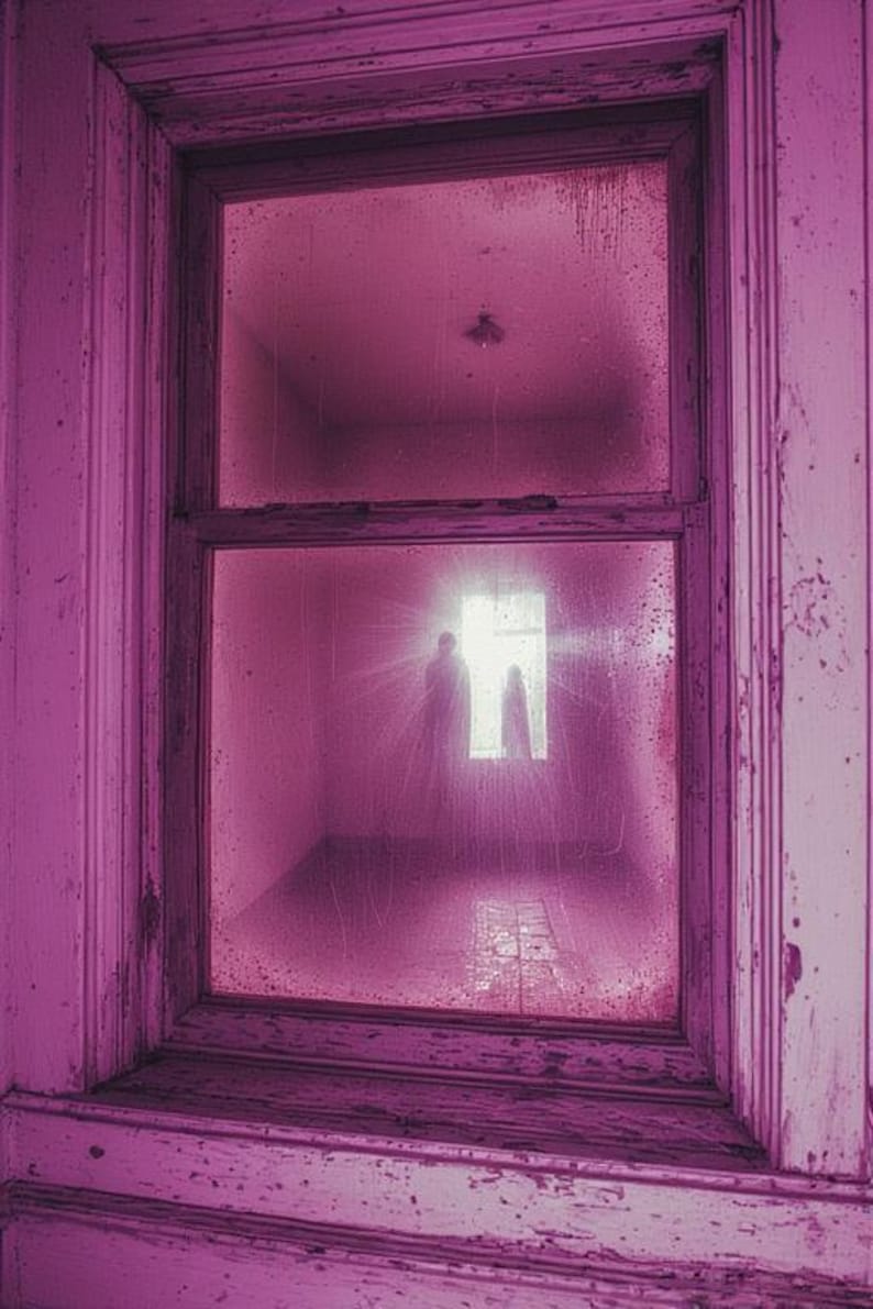 May include: A weathered, pink-toned window frame with peeling paint surrounds a dusty window. Through the window, two silhouetted figures stand in a brightly lit doorway. The interior space is dimly lit, with a sense of mystery and age.