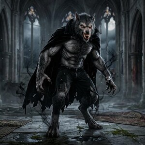 Op de afbeelding: Een gespierde weerwolf met grijze vacht, gloeiende ogen en scherpe hoektanden, gekleed in een gehavende zwarte cape en een donkere, versleten broek. Het wezen staat in een gehurkte, agressieve houding met klauwen, omringd door zwarte rookpluimen.