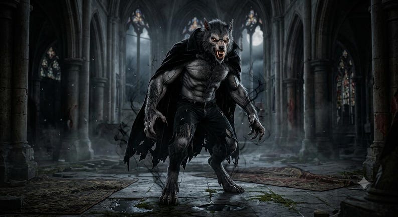 Op de afbeelding: Een gespierde weerwolf met grijze vacht, gloeiende ogen en scherpe hoektanden, gekleed in een gehavende zwarte cape en een donkere, versleten broek. Het wezen staat in een gehurkte, agressieve houding met klauwen, omringd door zwarte rookpluimen.