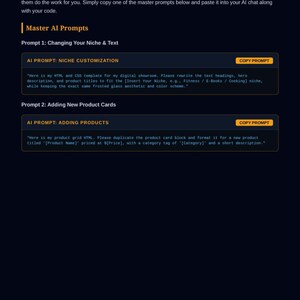 May include: A dark-themed digital manual page titled Module 3: Using AI Chat Engines to Redesign Your Site. It includes instructions on using AI prompts for niche customization and adding product cards, featuring orange copy prompt buttons.
