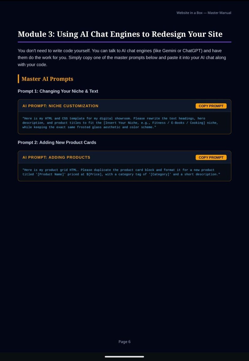 May include: A dark-themed digital manual page titled Module 3: Using AI Chat Engines to Redesign Your Site. It includes instructions on using AI prompts for niche customization and adding product cards, featuring orange copy prompt buttons.