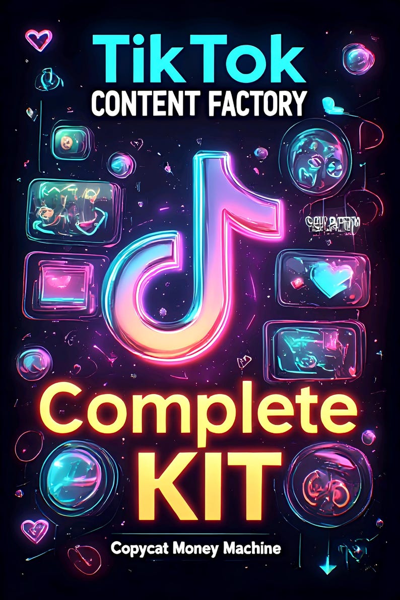 May include: A digital graphic with a neon aesthetic, featuring the TikTok logo and the words "TikTok Content Factory Complete Kit." The design incorporates various app icons and glowing elements against a dark background.
