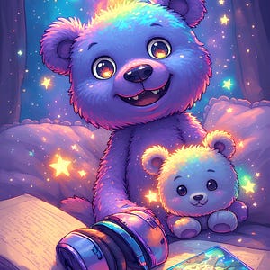 May include: A whimsical illustration of two teddy bears, one large and purple, the other small and light blue, sitting on a bed with a book and headphones. The large bear has a rainbow-colored aura. A small, framed picture is also present.