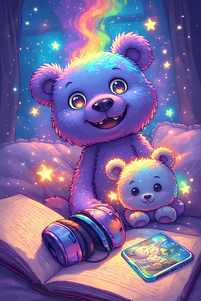May include: A whimsical illustration of two teddy bears, one large and purple, the other small and light blue, sitting on a bed with a book and headphones. The large bear has a rainbow-colored aura. A small, framed picture is also present.