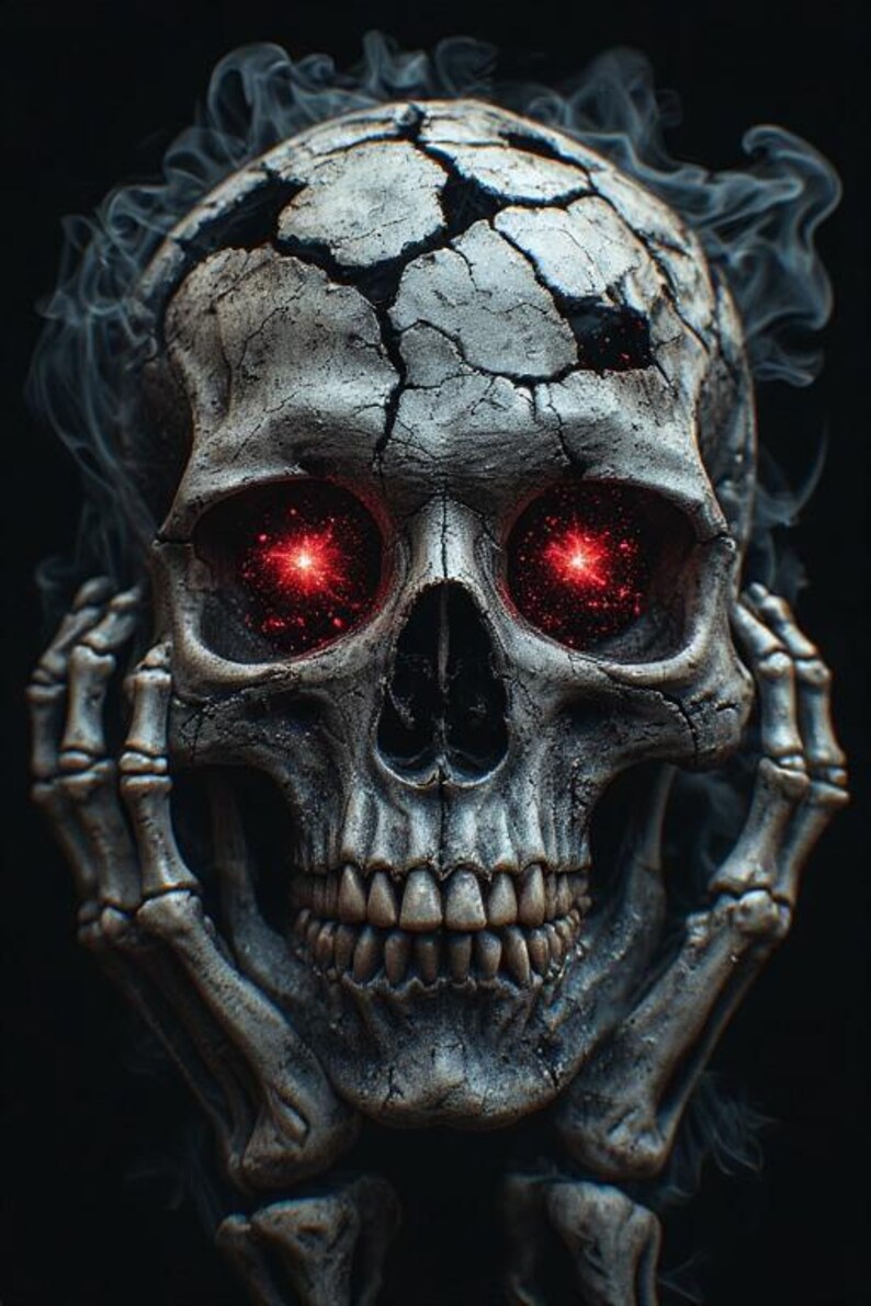 K&ouml;nnte beinhalten: Ein detaillierter, graustufiger Sch&auml;del mit leuchtend roten Augen und einer rissigen Oberfl&auml;che. Rauchschwaden umgeben den Sch&auml;del, und skelettartige H&auml;nde umrahmen das Gesicht. Das Bild hat ein dunkles, gotisches Thema.