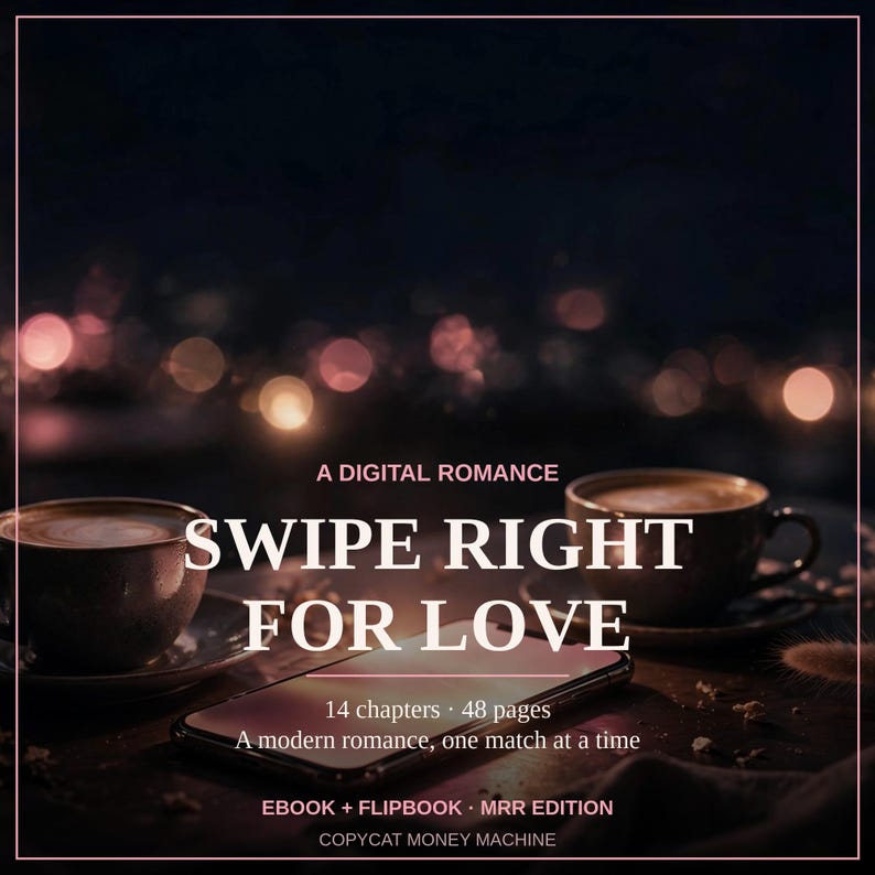 K&ouml;nnte beinhalten: Ein digitales Produktcover mit dem Titel A DIGITAL ROMANCE SWIPE RIGHT FOR LOVE mit 14 Kapiteln und 48 Seiten. Der Text enth&auml;lt EBOOK + FLIPBOOK MRR EDITION und COPYCAT MONEY MACHINE, abgebildet mit zwei Kaffeetassen und einem Smartphone.