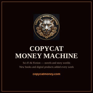 Puede incluir: Un gr&aacute;fico cuadrado negro con un logotipo de cabeza de pantera met&aacute;lica rodeado de engranajes dorados. El texto dice: COPYCAT MONEY MACHINE, Sci-Fi & Fiction &mdash; novels and story worlds, New books and digital products added every week, copycatmoney.com.