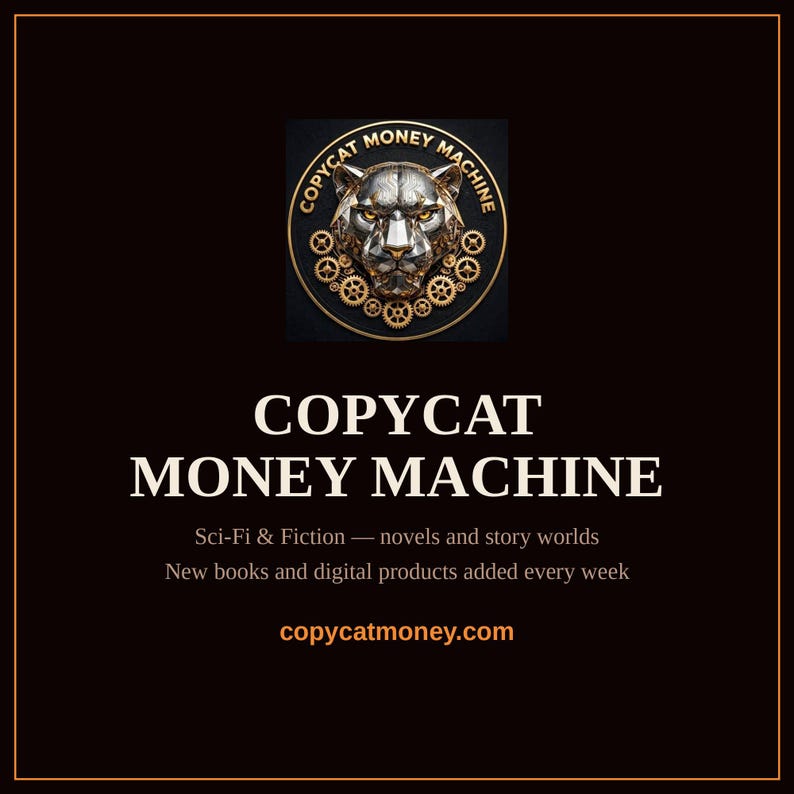 Puede incluir: Un gr&aacute;fico cuadrado negro con un logotipo de cabeza de pantera met&aacute;lica rodeado de engranajes dorados. El texto dice: COPYCAT MONEY MACHINE, Sci-Fi & Fiction &mdash; novels and story worlds, New books and digital products added every week, copycatmoney.com.