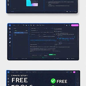 May include: Three dark blue computer screens displaying software interfaces. The top screen shows a split view with a colorful graphic. The middle screen displays a timeline with blue bars. The bottom screen reads "5 MINUTE SETUP! FREE TOOLS."