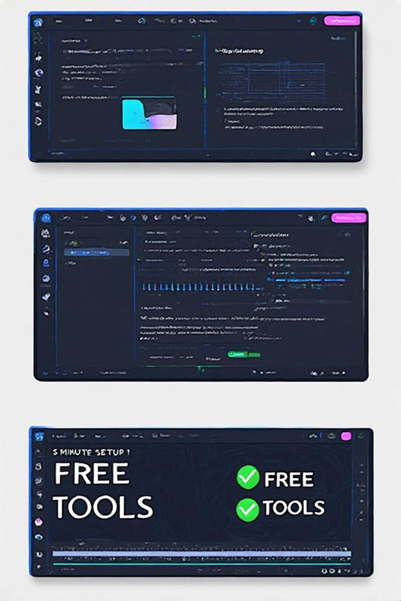 May include: Three dark blue computer screens displaying software interfaces. The top screen shows a split view with a colorful graphic. The middle screen displays a timeline with blue bars. The bottom screen reads "5 MINUTE SETUP! FREE TOOLS."
