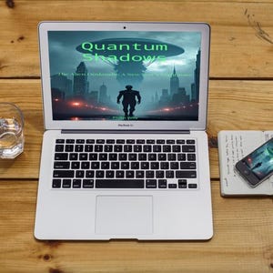 May include: A silver laptop displays the title "Quantum Shadows" with a cityscape and silhouetted figure. A glass of water, a smartphone, and a notebook are on a wooden surface.