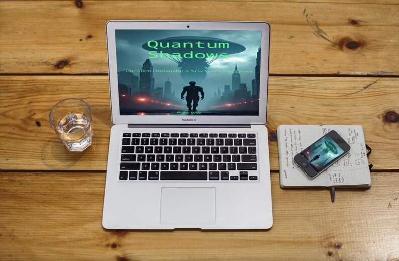 May include: A silver laptop displays the title "Quantum Shadows" with a cityscape and silhouetted figure. A glass of water, a smartphone, and a notebook are on a wooden surface.