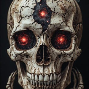 K&ouml;nnte beinhalten: Ein detaillierter, rissiger Sch&auml;del mit leuchtend roten Augen und einem kosmischen Inneren. Rauch steigt vom oberen Teil des Sch&auml;dels auf. Die Z&auml;hne des Sch&auml;dels sind sichtbar, und eine Skeletthand umschlie&szlig;t den Kiefer.